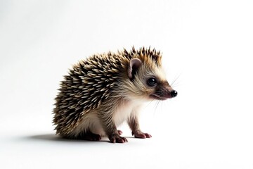 Obraz premium A lone hedgehog, facing right, on a stark white backdrop, white backdrop, pattern
