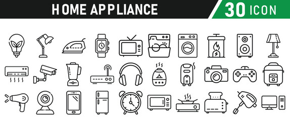 Home Appliances collections icons set. Contains Home appliances, refrigerator, washing machine,  television, air conditioner and household. Vector illustration collection