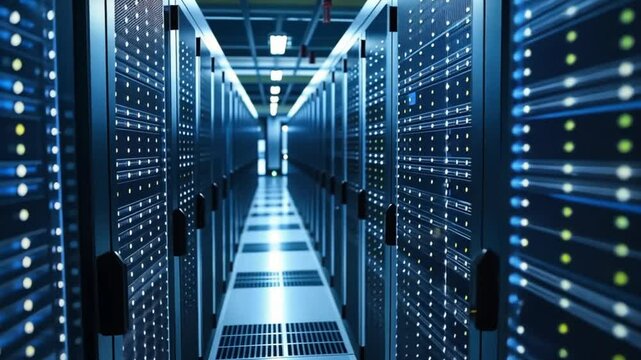 Modern data center with server racks storing and processing information, featuring blinking lights and a futuristic atmosphere