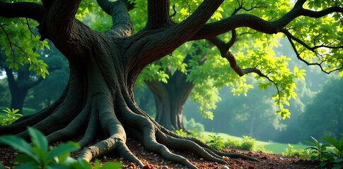 A majestic tree with gnarled bark and twisted roots, leaves, bark, tree trunk