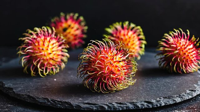 Vibrant rambutan fruits arranged on a dark slate surface showcasing their unique texture and vivid colors