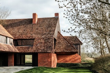 Fototapeta premium Unique modern architecture featuring a contemporary house with a striking red brick facade and natural surroundings in daylight