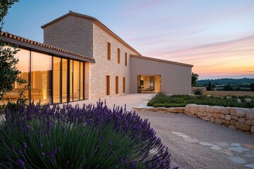 Discover a stunning modern villa featuring a charming stone facade, beautifully set amid a fragrant lavender garden, all illuminated by a vibrant sunset in a tranquil rural landscape