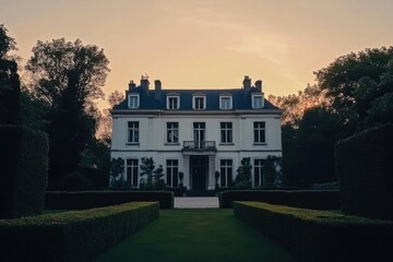 Historic mansion surrounded by lush gardens at dusk, showcasing elegant architecture and serene atmosphere in a tranquil setting