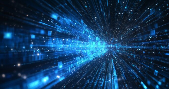 Digital data stream tunnel.  Rapidly moving digital code particles forming a tunnel effect