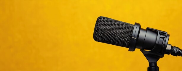 Professional studio microphone isolated on yellow background for podcast radio audio music recording