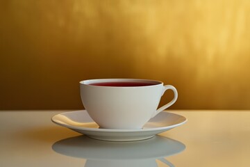 Obraz premium A white teacup filled with a red beverage on a saucer