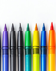 A row of permanent markers, with one featuring a unique metallic finish, white background 