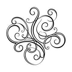 Abstract floral design element featuring ornate black swirls and leaf silhouettes in a vintage vector pattern