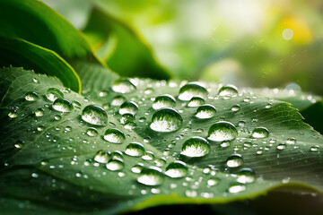 ultra-detailed macro photography scene capturing the intricate beauty of a leaf surface adorned with crystal-clear water droplets
