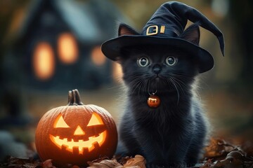 cute black kitten in witch hat with glowing jack-o-lantern and haunted house spooky Halloween setting