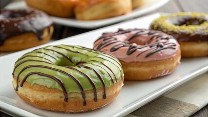 Colorful glazed donuts, white plate, chocolate and matcha frosting