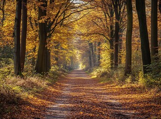 Obraz premium A beautiful forest path in the Dutch nature park, covered with fallen leaves and illuminated by sunlight. The trees on both sides of it have yellow to orange foliage, creating an autumn atmosphere. 