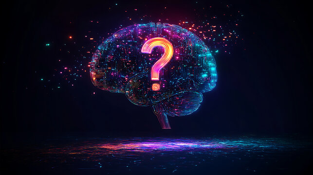 Neon Brain With Question Mark Displaying Digital Circuitry Against Dark Background For Cognitive Concept