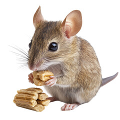 Curious mouse enjoying a delicious banana snack while perched on a table in a cozy indoor...
