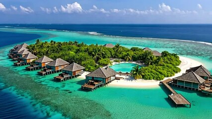 Aerial view showcasing a luxury resort on a pristine Maldives island, featuring overwater bungalows and turquoise waters - Powered by Adobe