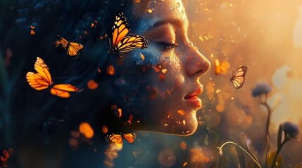 Fototapeta premium Dreamlike Woman with Butterflies: A Surreal Fantasy Art