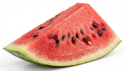 Triangular slice of watermelon with red flesh, black seeds, and a green rind, isolated on a white background