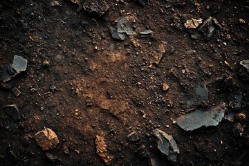 Close-up of dark, textured dirt with stones