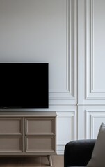 White wall with white decorative paneling and a black TV on top of it, modern interior design, close-up shot of a minimalistic chest of drawers under the TV, minimalist interior design style, simple, 