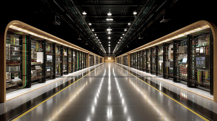 Fototapeta premium Data center showcasing modern server technology in a sleek, organized environment during nighttime operations