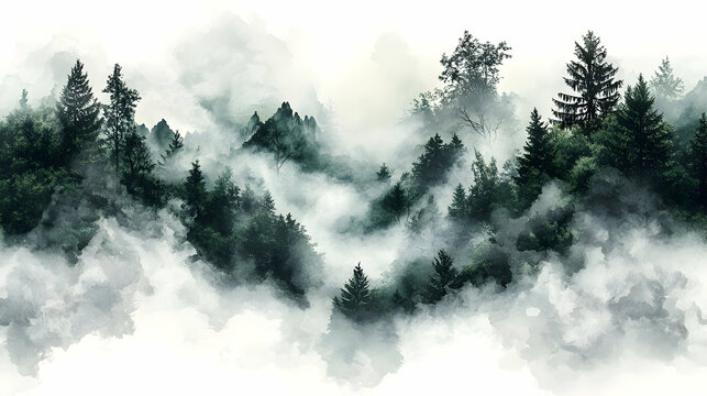 Misty Mountain Forest Landscape with Dark Green Trees