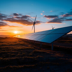renewable energy sources showcased at sunset, with solar panels and windmills in the foreground. This image captures the beauty of renewable energy