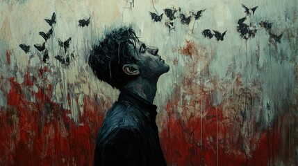 Obraz premium The weight of dreams: A man contemplates amidst a flurry of butterflies