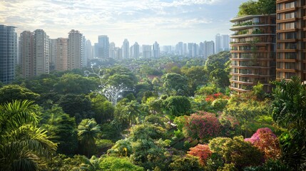 Fototapeta premium Lush cityscape filled with trees showcasing the integration of iot networks and sustainability in modern urban planning