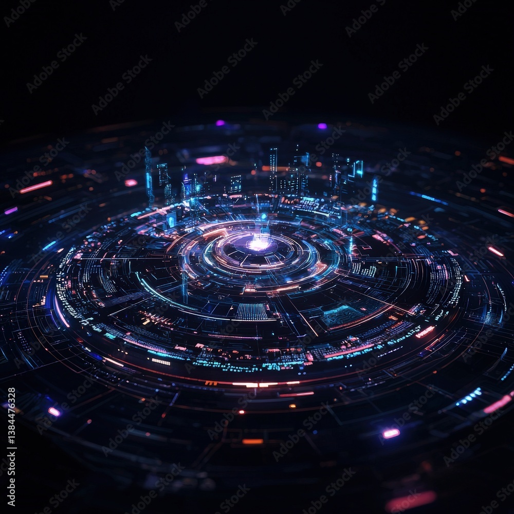 Poster a futuristic visualization of a global communication hub using advanced graphical interfaces