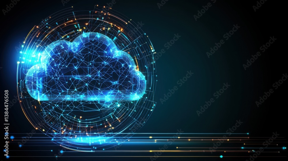Poster isometric cloud with connected lines and dots representing cloud file sync technology and digital da