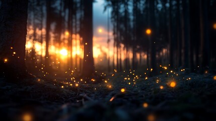 Magical Sunset Glow Fireflies in Enchanting Forest.