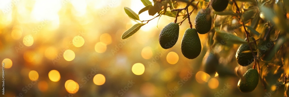 Aufkleber Macro view of ripe avocados on tree branch in orchard with blurred golden background