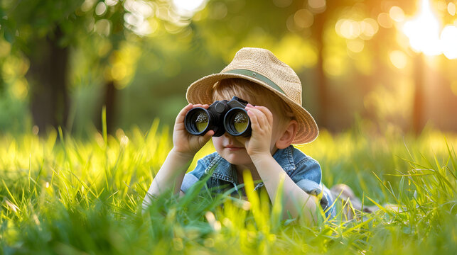 Curious child with binoculars explores nature in sunny green meadow - Powered by Adobe