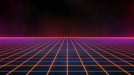 The image shows a dark, textured surface overlaid with a grid pattern of bright neon lines in orange, pink, and blue, reminiscent of 80s synthwave aesthetics.