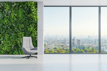 Fototapeta premium Modern interior design featuring a stylish chair beside a lush green wall and a city skyline view