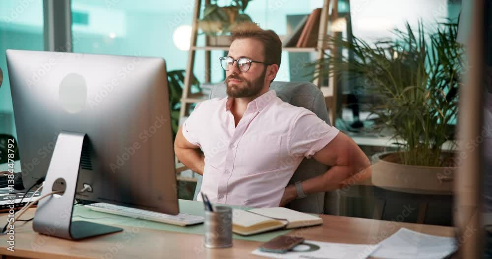 Fototapete Back pain, computer and web development with man coding software in office for launch or testing. Injury, posture and spine with developer employee at desk in workplace for infrastructure code