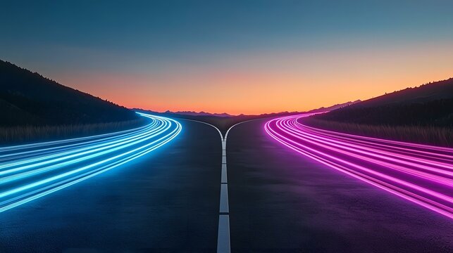 A digital image depicting a road splitting into two directions at sunset, with vibrant blue and pink light trails simulating fast-moving vehicles on each path, creating a striking visual metaphor for