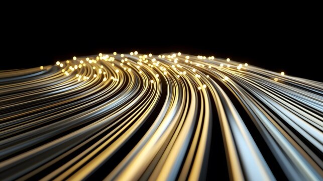 The image shows numerous, parallel, curved lines of light, some brighter than others, appearing to flow in a wave-like motion across a black background; interspersed are small, bright, golden orbs of