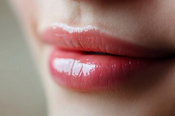Fototapeta premium Close-up view of smooth, plump lips enhanced with glossy balm and natural pink hues showcasing healthy, hydrated skin texture