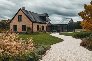 Obraz premium A contemporary brick home features a stunning glass greenhouse, all set against a backdrop of vibrant, lush landscaping under a cloudy sky