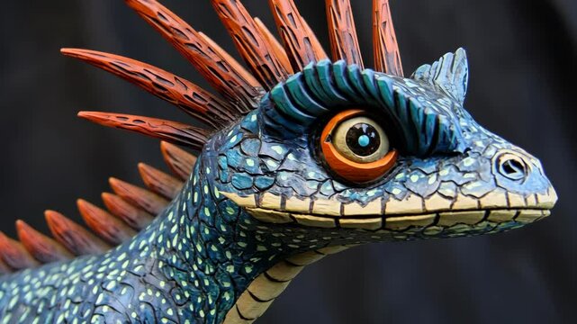 Intricately crafted blue and orange dragon figurine with detailed scales and vibrant spikes displayed against a dark background