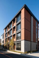 Modern brick and stone building in urban setting showcasing contemporary architecture, with clear blue sky and nearby greenery in daylight