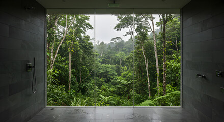 Fototapeta premium Luxurious Shower With Rainforest View, Modern Interior With Greenery Panorama