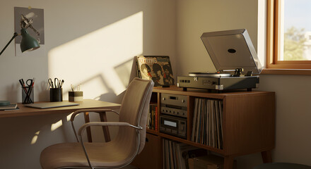 Stylish Home Office Setup with Retro Record Player And Relaxing Atmosphere