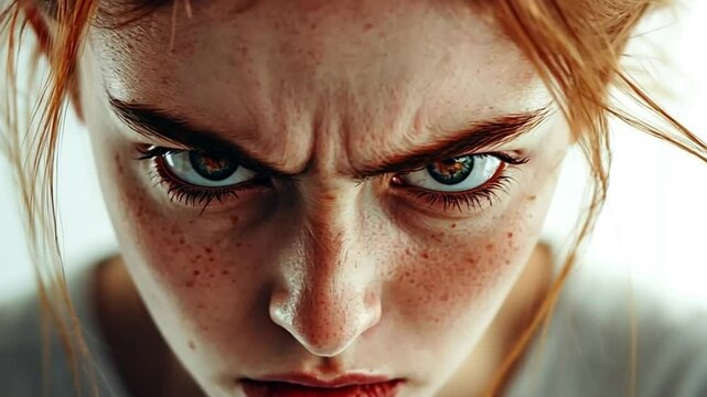 Close-up portrait of a redhead woman frowning, showcasing anger and frustration with a distinctly grumpy expression on her face