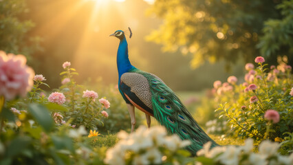 Obraz premium Majestic Peacock Displaying Vibrant Feathers in a Flower Garden with Soft Morning Light