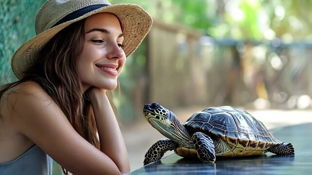 Tourist admiring a turtle in a natural park, appreciating the serene beauty of wildlife and the wonders of nature during summer exploration