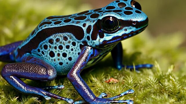 Bright blue poison dart frog resting on green moss in its natural habitat, showcasing vivid colors and intricate patterns during daylight