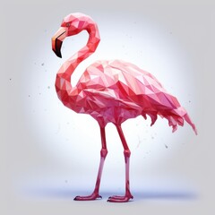 A stunning low poly flamingo illustration showcases elegant long legs and pink plumage, a detailed geometric artwork perfect for modern design projects or vibrant backgrounds.